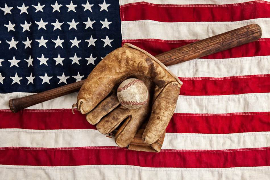 Vintage Baseball - Bat And Glove On American Flag