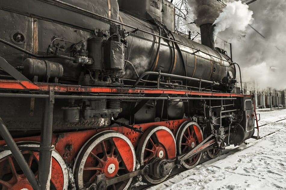 Soviet steam locomotive stands on the platform of the station
