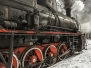Soviet steam locomotive stands on the platform of the station