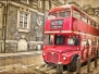 Red double decker bus vintage sepia texture London UK