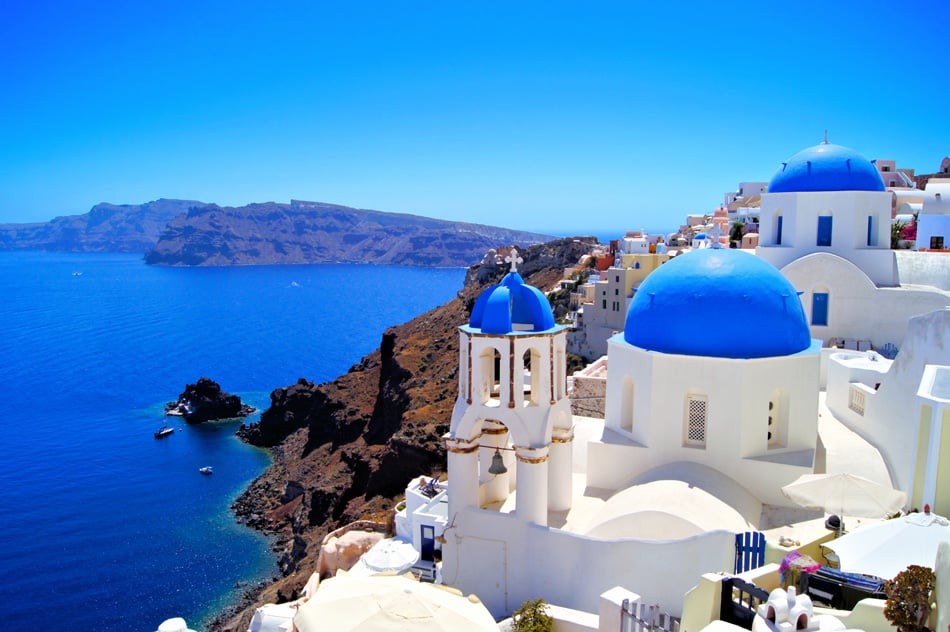 Classic Santorini Scene With Famous Blue Dome Churches Greece