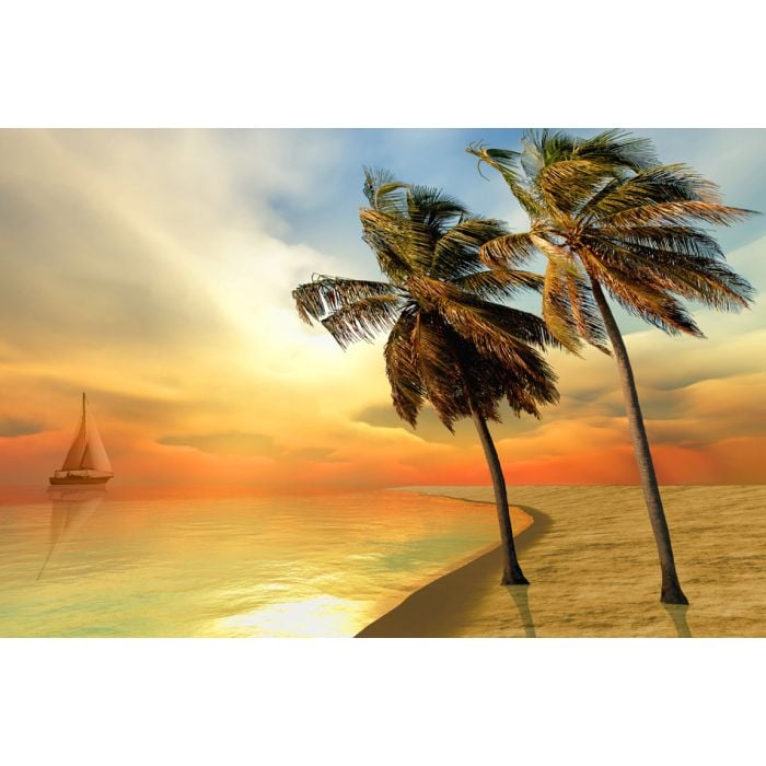 A Sailboat Passes By An Island With Palm Trees - ID # 55073778
