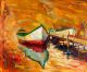 Original oil painting of boats and jetty on canvas - ID # 110224421