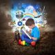 A Young Boy Is Reading A Book With School Icons - ID # 52510340