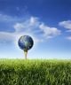 The Earth On A Golf Tee In Grass With Blue Sky And Clouds - ID # 54714870