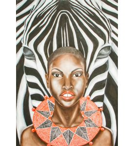 Oil painting of an african woman and zebra  - ID # 143746453