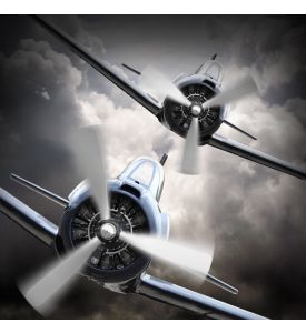 Dramatic scene on the sky Vintage fighter plane inbound from sun Retro 
techno - ID # 155815814