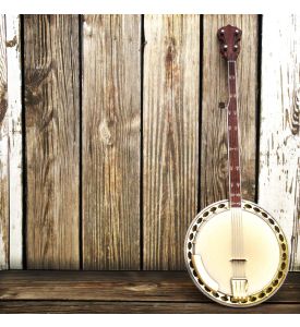 A Banjo leaning on a wooden fence Advertisement with room for text - ID # 159530114
