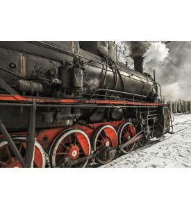 Soviet steam locomotive stands on the platform of the station  - ID # 160536884