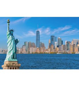 The Statue of Liberty with Manhattan city skyline background, Landmarks of New York City, USA - ID # 1634839360