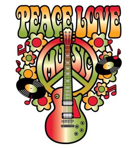 PEACE LOVE MUSIC text design with peace symbol guitar vinyl records 
flowers  - ID # 173051663