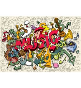 Abstract Music Artwork Trumpet Drums Piano Guitar Instruments - ID # 197253491