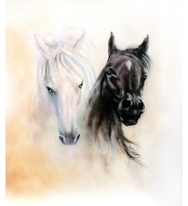 Horse heads two black and white horse spirits beautiful detailed oil 
painting - ID # 263423273