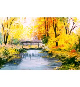 Oil painting landscape - colorful autumn forest - ID # 74295611