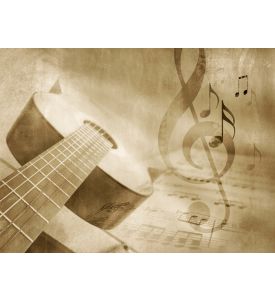 Grunge music background with guitar sheet music and notes - musical event - ID # 81858052