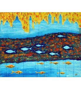 Abstract painting with blue towers and fishes - ID # 91773761