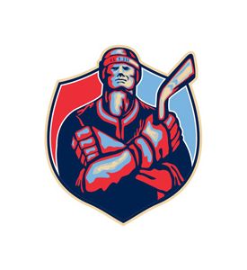 Ice Hockey Player Front With Stick Retro - ID # 56057886