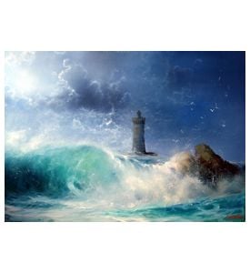 Seascape Wave And Lighthouse - ID # 49140435