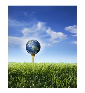 The Earth On A Golf Tee In Grass With Blue Sky And Clouds - ID # 54714870