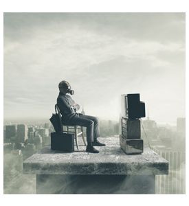 Businessman Wearing A Gas Mask Watching Tv - ID # 60626250