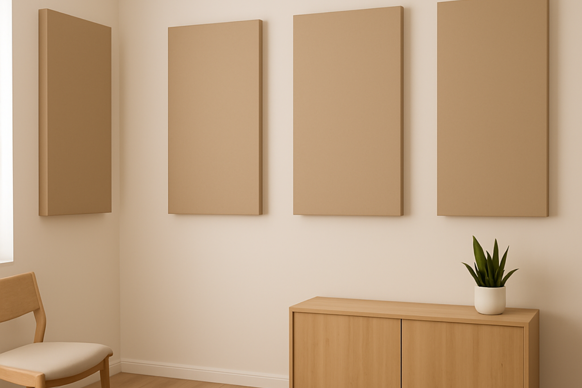 Modern room with acoustic absorber panels for echo reduction and sound treatment