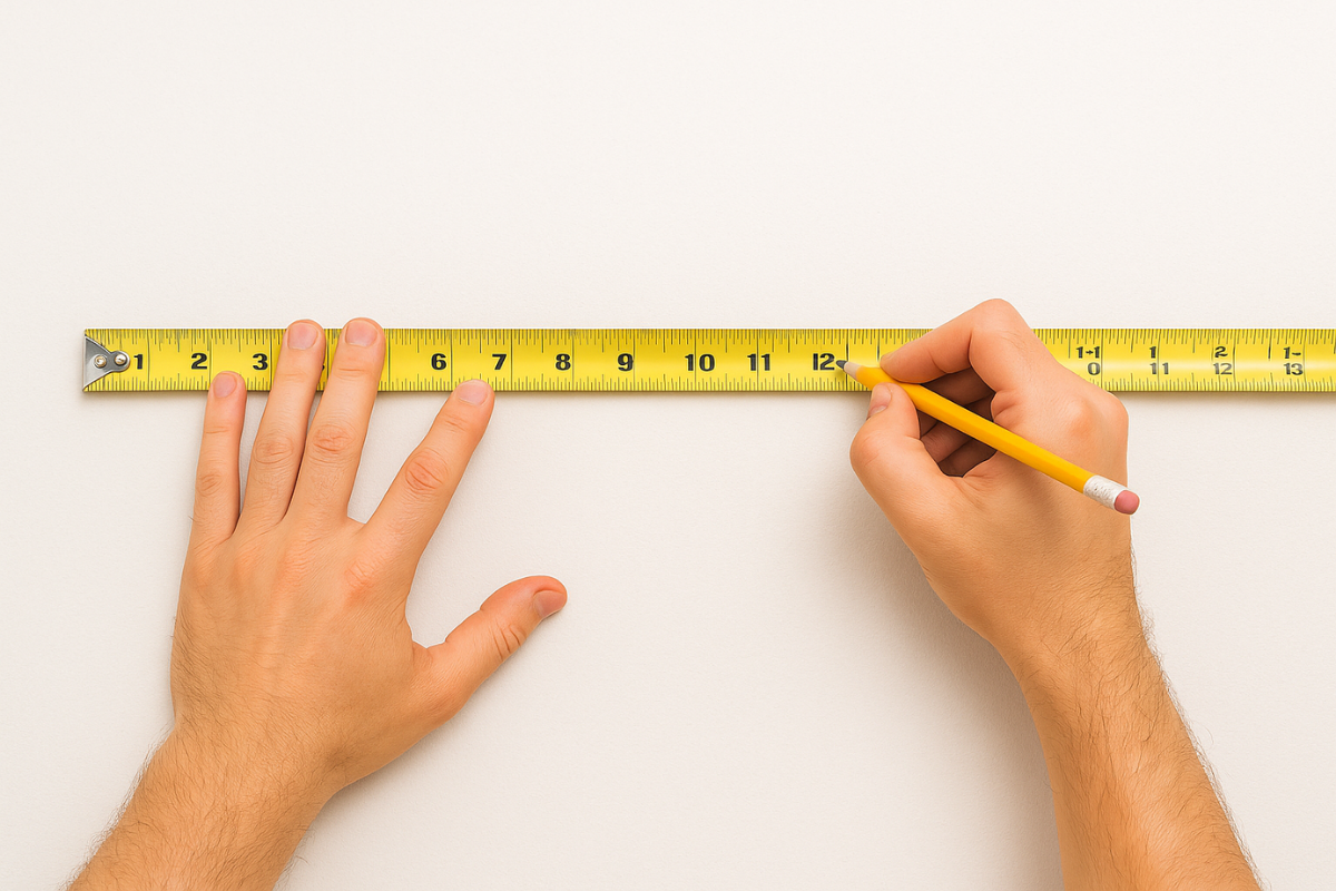 Hands measuring and marking a wall to install an acoustic panel