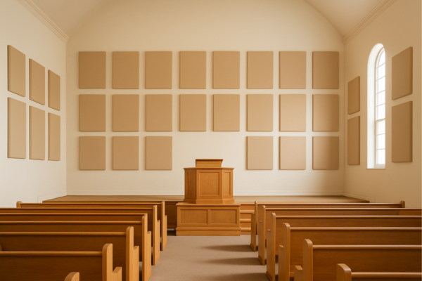 Church interior with symmetrical acoustic panels designed to reduce echo and improve speech and music clarity