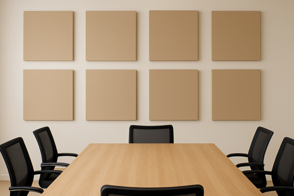 Modern conference room with symmetrical acoustic panels to reduce echo and improve speech clarity