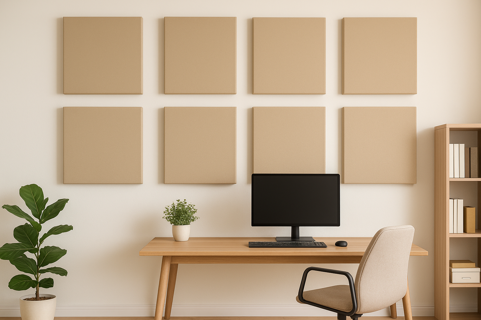 Modern home office with wall-mounted acoustic panels for soundproofing and improved remote work focus