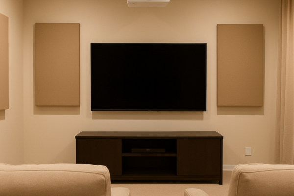 Modern home theater with wall-mounted acoustic panels for sound absorption and echo control