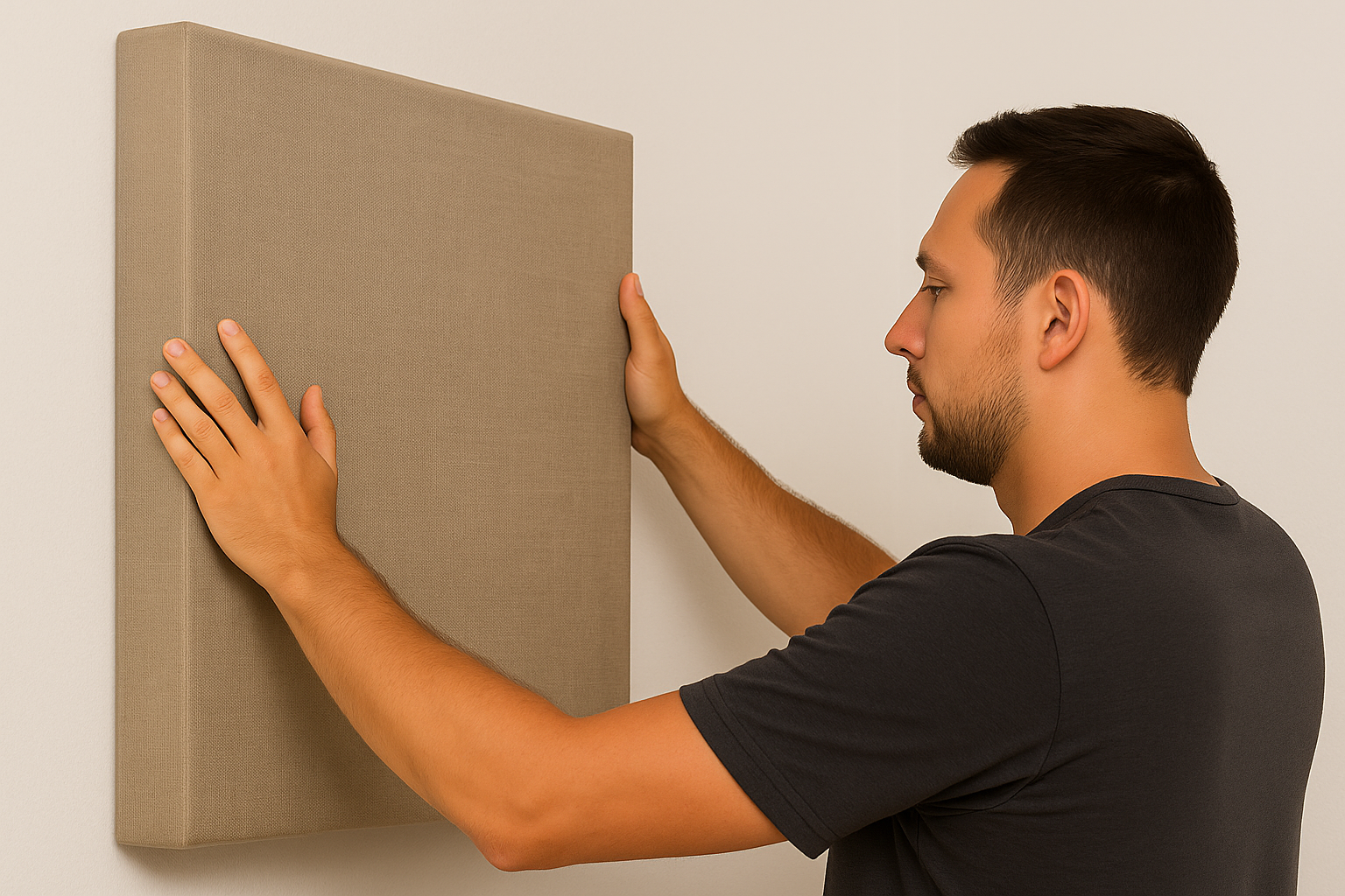 Man mounting acoustic panel with Z-bar bracket