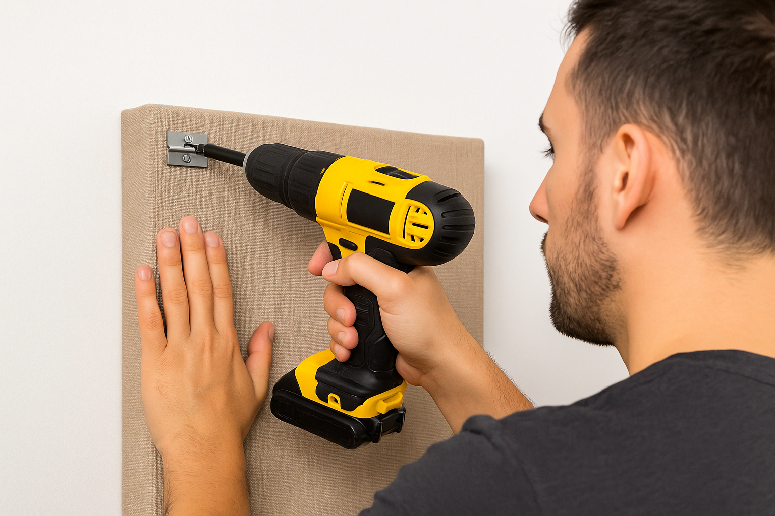 Man attaching Z-Clip bracket to the back corner of a fabric-wrapped acoustic panel.
