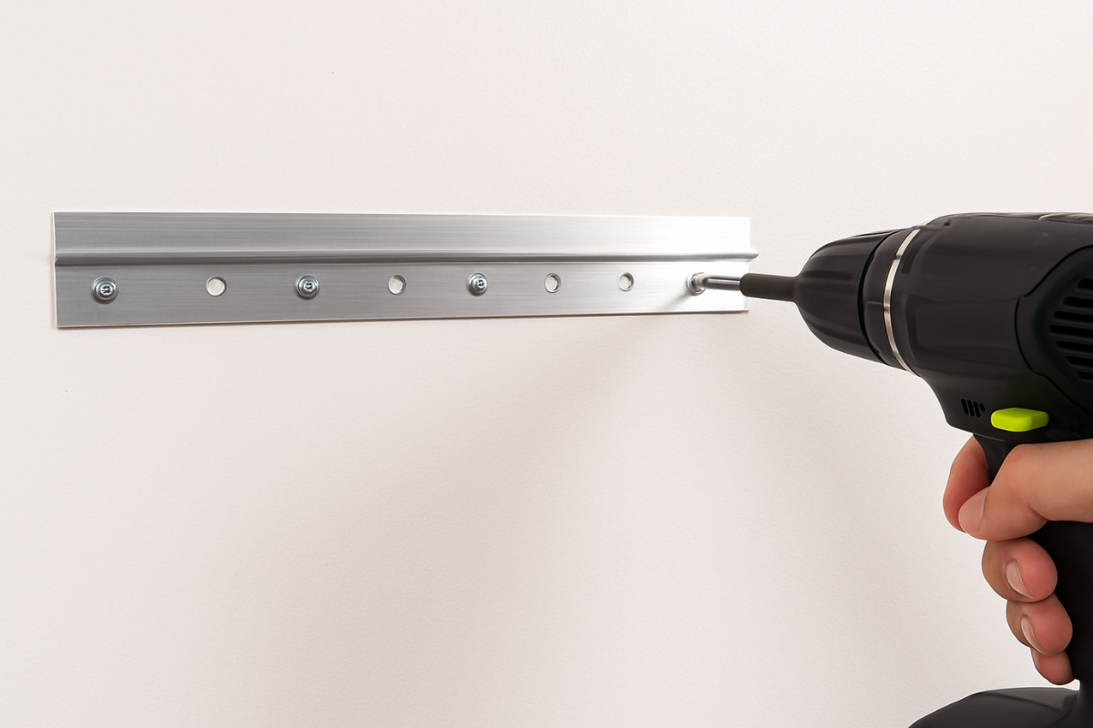 Hands installing mounting hardware on a wall for acoustic panels.