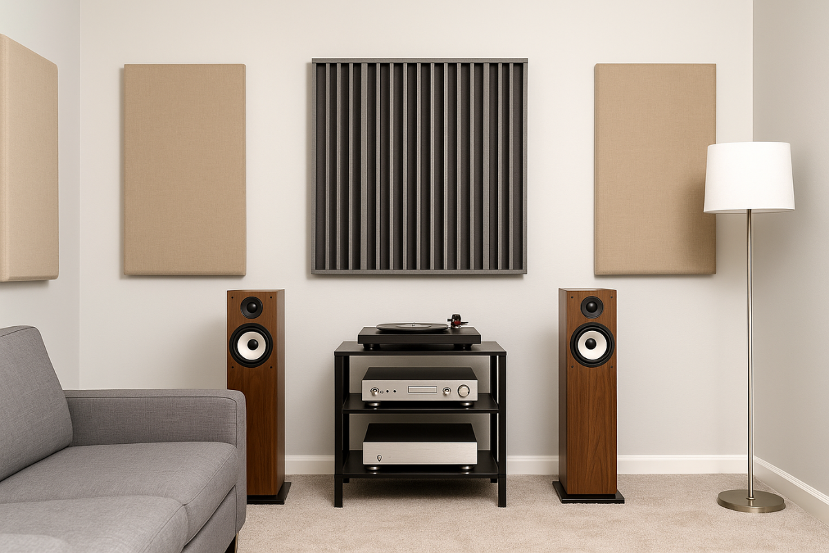 A modern listening room with professionally installed acoustic panels and wooden floor-standing speakers