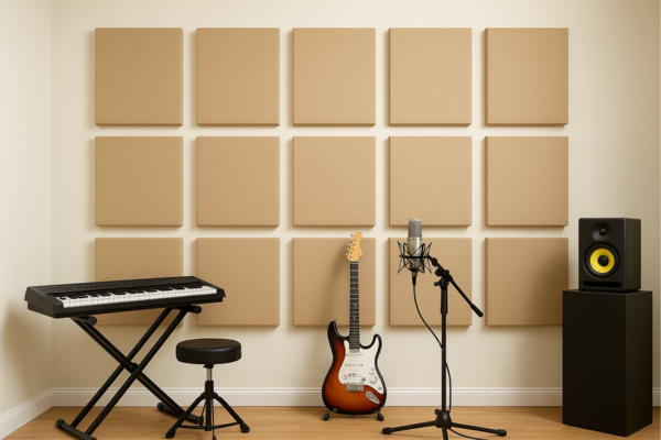Professional music studio with grid-aligned acoustic panels, microphone, keyboard, and studio monitor for soundproof recording