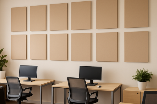 Open office with acoustic panels above workstations for noise control and improved focus in collaborative environments