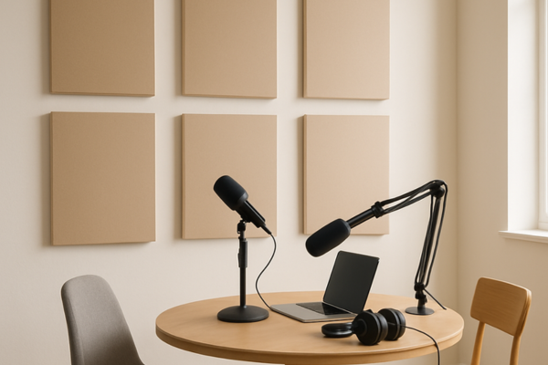 Modern podcast studio with wall-mounted acoustic panels and professional recording equipment
