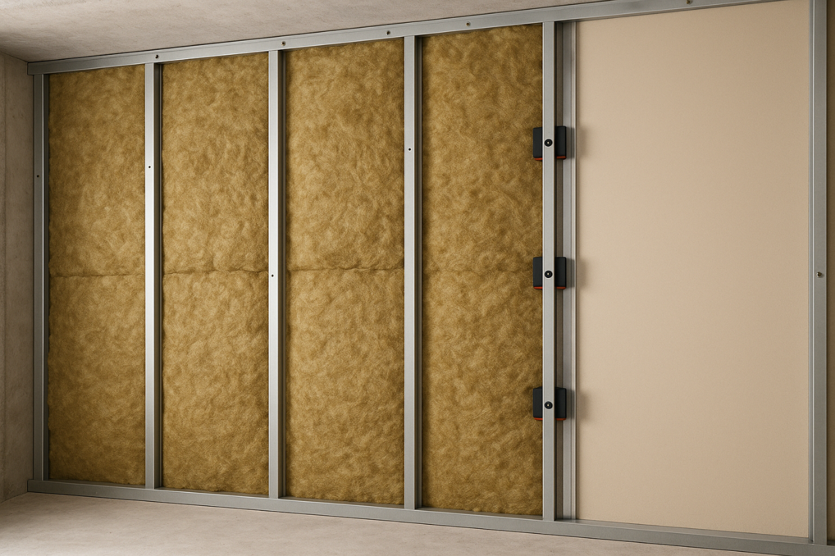 Decoupling wall studs and adding mineral wool insulation reduces structural vibration and improves sound isolation in residential and commercial spaces.
